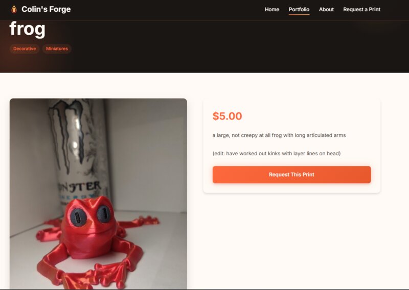 Colin's Forge product detail page showing a 3D printed frog with Request This Print button