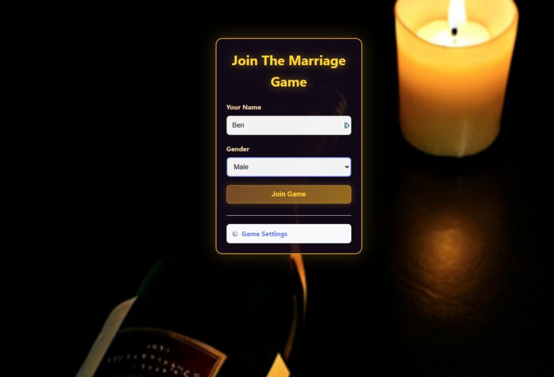 The Marriage Game join screen with elegant candlelit design