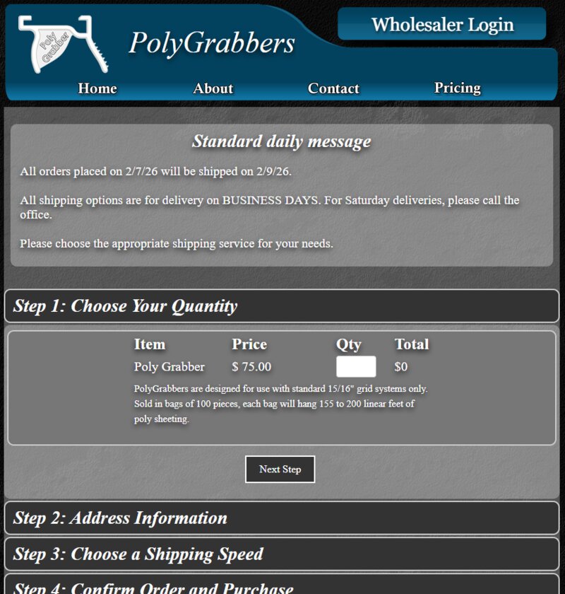PolyGrabbers step-by-step ordering system with wholesaler login and shipping options