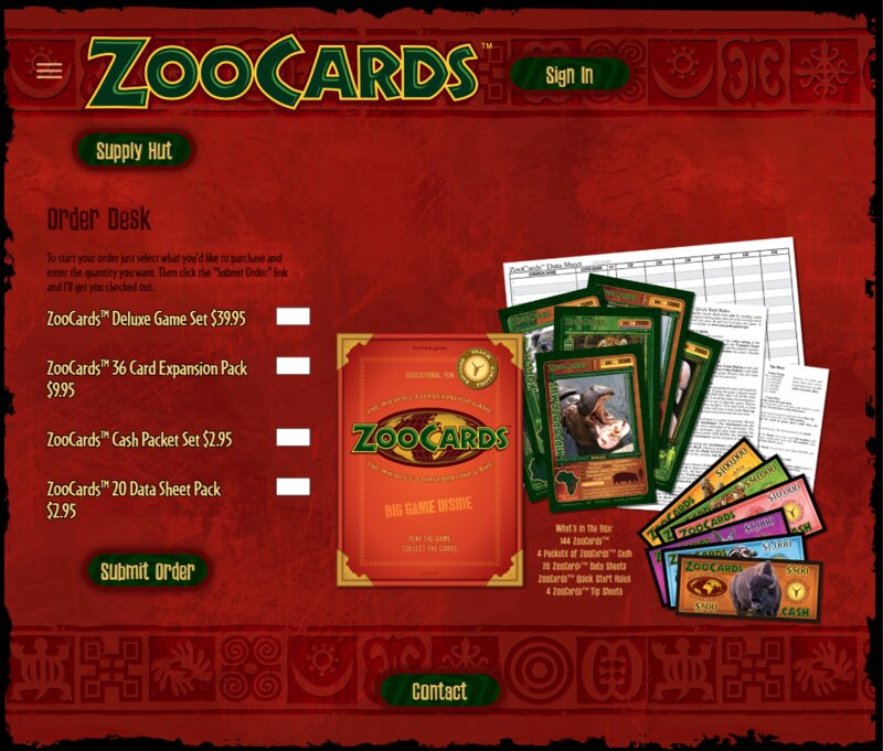 ZooCards Supply Hut online store with product ordering and game box display